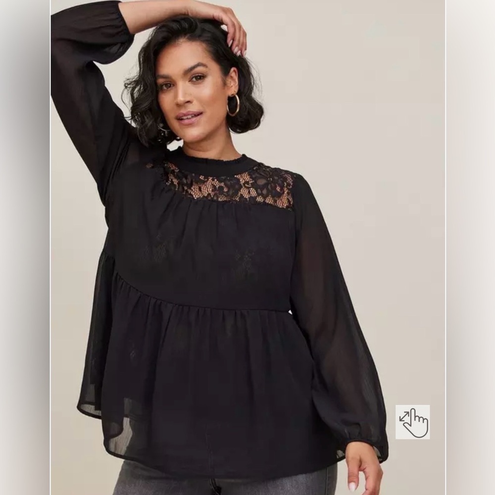 Torrid Black Lace Yoke Tiered‎ Chiffon Blouse – Size 1